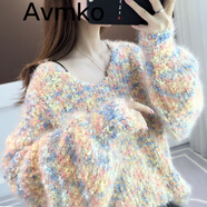 Avmko秋冬新款女寬松外穿漸變混色慵懶風(fēng)馬海毛針織衫時(shí)尚氣質(zhì)外套上衣 粉黃 均碼