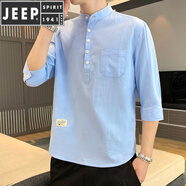 JEEP SPIRIT/吉普夏季男士七分袖棉T恤潮流韓版立領(lǐng)套頭男裝袖亞麻T恤上 DC605藍(lán)色 2XL