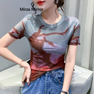 蜜莎蜜拉（Mirza Mirror）印花網(wǎng)紗短袖T恤女2025夏裝新款歐貨時尚修身洋氣別致打底上衣潮 9131# 紅色 S