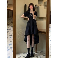 GOCHIEI小眾a字裙前短后長(cháng)裙子黑色連衣裙女夏季法式復古顯瘦氣質(zhì)小黑裙  S 建議65-80斤
