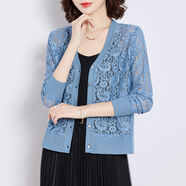 美充充 小披肩群子外搭外搭冰絲小披肩女夏季針織開(kāi)衫薄款鏤空防*曬蕾絲 藍色256 2XL 【125-135斤】
