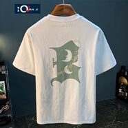 謙集（QIANJI） 刺繡T恤短袖男款夏季新款潮流寬松印花體恤衫薄款五分袖純棉衣服 白色 【LLQ8101白色】 L 適合113-135斤穿