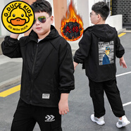 G.DUCKKIDS高端潮流胖童裝男童薄棉衣秋冬款中大童外套加肥加大胖孩子8-16歲 黑色(后背人物加絨外套) 150 (穿70-90斤)