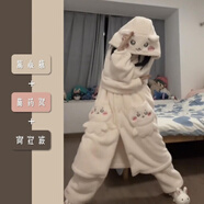 夢舒紛睡袍女冬睡衣春秋季可愛學(xué)生中長款加絨加厚宿舍家居服珊瑚絨卡通 吉伊卡哇睡袍+褲子 M