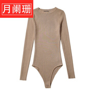 尤柯鳥(niǎo) 歐美新品秋冬長(cháng)袖圓領(lǐng)套頭連襠連體打底衫女修身顯廋上衣連身T恤 卡其色 XL