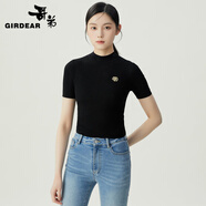 哥弟女裝綻放系列修身煙管領(lǐng)豎坑條萊賽爾短袖針織T恤衫女1399715 黑色 L (4碼)