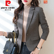 皮爾卡丹（pierre cardin）休閑格子小西裝外套女春秋季款修身收腰韓版短款呢子西服長(cháng)袖上衣 單件咖啡格小西裝 3XL