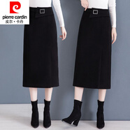 皮爾卡丹（pierre cardin）毛呢半身裙女秋季冬季2024新款包臀裙中長款開叉顯瘦休閑一步裙子 黑色 XL 建議116-127斤