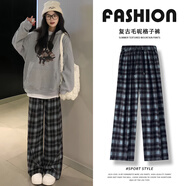 魯雅爾美式復古毛呢格子休閑褲女春秋季高腰顯瘦慵懶寬松厚款直筒闊腿褲 藍格子 M