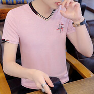 簡(jiǎn)艾倫刺繡V領(lǐng)青年短袖T恤男夏季男裝t恤男士休閑半袖上衣男裝 811-粉色 XL（120-135斤）