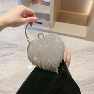 clolv kiss愛(ài)心手提小包包鑲鉆晚宴包宴會(huì)搭配旗袍的小包包帶鉆手包時(shí)尚派對(duì) 愛(ài)心流蘇水鉆包(銀色)
