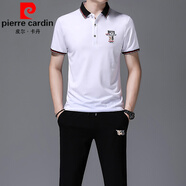皮爾卡丹（pierre cardin）品牌男裝短袖T恤套裝歐貨刺繡純棉T恤衫長褲運(yùn)動休閑兩件套 536白色套裝 190碼