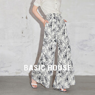Basic House/百家好水墨印花垂感闊腿褲夏慵懶度假風(fēng)高腰松緊長(cháng)褲 花色 S