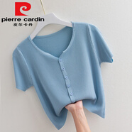 皮爾卡丹（pierre cardin）冰絲短袖t恤女2025新款針織衫薄夏季時(shí)尚開(kāi)衫V領(lǐng)上衣打底衫 湖藍(lán)【春夏/軟糯】 XL