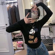 迷詩迪芙韓國卡通印花修身百搭T恤女冬季新款加厚德絨短款打底衫上衣 黑色(加厚保暖) L 105-120斤