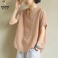 啄木鳥(niǎo)棉麻襯衫女短袖2025夏季新款女裝文藝休閑寬松娃娃領(lǐng)大碼亞麻上衣 淺粉色 L 建議105-120斤