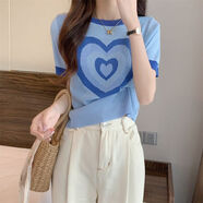 語(yǔ)莀小好撞色愛(ài)心薄款針織衫女2024夏季新款短袖t恤寬松顯瘦百搭簡(jiǎn)約上衣 天藍色