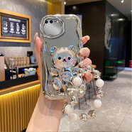 佩諾蘋果6/7/8Plus手機殼iPhone 6s/6保護套se2全包防摔硅膠磨砂卡通可愛男女款外殼復古豎紋保護殼 【FM】電鍍奶油-銀色+小熊支架+手鏈 蘋果7P/8plus