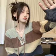 KAHTOP2025春秋新款毛衣女寬松娃娃領(lǐng)短款針織衫慵懶溫柔風(fēng)復(fù)古上衣BLL 撞色V 均碼