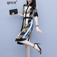 QIYUN 連衣裙新款夏季顯瘦氣質襯衫裙女中長款旅游雪紡印花裙 圖片色 M