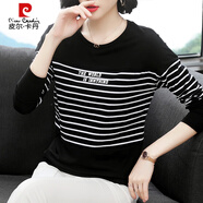 皮爾卡丹（pierre cardin）純.棉長袖t恤女寬松2025春秋裝新款外穿條紋上衣打底衫 2858黑白條紋 XL 建議115-125斤