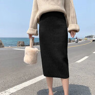 唐努烏（Tang Nu wu）針織半身裙包臀一步裙女中長(cháng)款百搭修身薄毛線(xiàn)長(cháng)裙 黑色68CM M