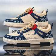 跨洋（KUAYANG）男鞋2023年春夏季潮鞋男時(shí)尚百搭復古板鞋厚底舒適運動(dòng)休閑鞋子男 九龍YC16 米藍（低邦款） 39