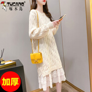 啄木鳥(niǎo)女士毛衣裙中長(cháng)款蕾絲秋冬加厚長(cháng)袖針織連衣裙2026冬季麻花打底裙 米白(加厚) XL