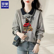 羅蒙（ROMON）棉質(zhì)衛衣女2025年秋裝新款女裝韓版百搭娃娃領(lǐng)寬松潮ins長(cháng)袖上衣 灰紅帽女孩【加絨款】 3XL 145-160斤