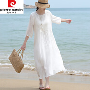 皮爾卡丹（pierre cardin）夏季天絲苧麻刺繡帶內(nèi)襯連衣裙女仙氣質(zhì)顯瘦白色棉麻料長(zhǎng)袍子 白色 L [建議120-132斤]