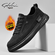 沙馳（SATCHI）男鞋秋冬季加絨保暖棉鞋潮流男士休閑鞋低幫帆布鞋系帶厚底板鞋子 黑色加絨 38 【皮鞋碼】