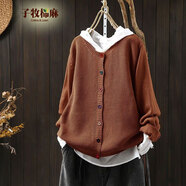 子牧棉麻秋裝 女彩色紐扣針織外套寬松顯瘦文藝休閑百搭開衫上衣5638 焦糖色 均碼（建議95-140斤）