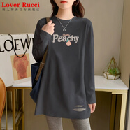 LOVER RUCCI鯊魚褲搭配的上衣純棉體恤女遮臀灰色打底衫長款長袖t恤女遮屁股 灰色-字母桃春秋款】 2XL 140-160斤