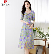 皮爾卡丹（pierre cardin）真絲碎花連衣裙女歐美女裝時尚桑蠶絲垂墜感漂亮氣質法式裙子 紫色 M