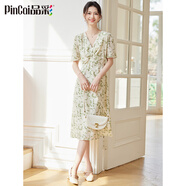 品彩（PinCai）連衣裙女溫柔風(fēng)碎花短袖連衣裙V領(lǐng)時尚A字中長裙 P132Q1227