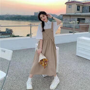 蘭威費雷法式背帶裙子套裝女夏季新款復古學(xué)生小個(gè)子連衣裙兩長(cháng)裙 白色襯衫+卡其背帶裙 2XL 【建議116-125斤】