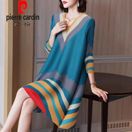 皮爾卡丹（pierre cardin）時尚印花褶皺連衣裙2025春夏新款洋氣小眾設(shè)計感寬松大碼裙子 藍色V領(lǐng) L 建議110-120斤內(nèi)