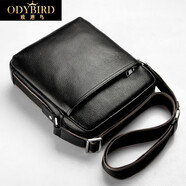 歐迪鳥(niǎo)（ODYBIRD）真皮男包單肩包男士斜挎包韓版簡(jiǎn)約頭層牛皮豎款商務(wù)休閑包包背包 黑色-23*7.5*26.5cm 中包