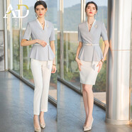 AD職業(yè)裝女裝套裝空乘面試夏季新款短袖時(shí)尚氣質(zhì)荷葉邊兩件套 灰藍西裝+白色褲子+白色半裙 S
