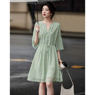 德瑪納法式V領(lǐng)仿麻燒花中袖印花包容藏肉連衣裙女中長(cháng)款 淡綠 M 