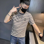 美羅邦夏季薄款條紋t恤短袖男修身體恤潮牌ins休閑精神小伙潮流帥氣半袖 灰色 M -(建議90-105斤)
