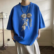 嘉曄（JIAYE）短袖T恤男2024夏季潮流ins潮流玫瑰印花情侶衣服圓領(lǐng)半截袖男 深藍(lán)色 2XL