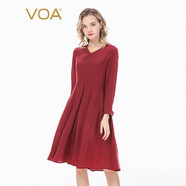 VOA100%真絲16姆米雙縐V領(lǐng)卷邊袖倒褶修身大擺桑蠶絲連衣裙 A55 酒紅（H93） S