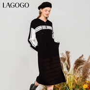 LAGOGO黑白條紋連衣裙女拉谷谷冬季新款A字撞色連帽長(cháng)袖連衣裙 黑白(WV) S 155/36