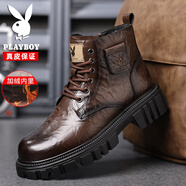 花花公子春季馬丁靴春季男士英倫真皮厚底單里高幫工裝男年輕 8152棕色加絨 38