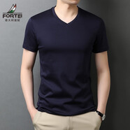 富鋌（FORTEI）男V領(lǐng)短袖純棉夏季純色簡(jiǎn)約上衣男士韓版休閑100%絲光棉體恤衫 藏青 105/165/M/48