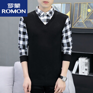 羅蒙（ROMON）2025秋冬季V領(lǐng)毛衣男士假兩件時尚帶領(lǐng)條紋針織衫搭配馬甲線衣 黑白格8168假兩件襯衫 M