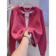 以純（YISHion）灰色短款毛衣外套女裝秋冬2025新款寬松加厚拉鏈開衫長袖針織上衣 粉色 L 【建議105/115斤】