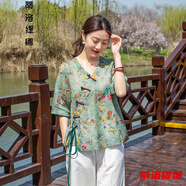 漢服女古裝日常改良漢元素中國風(fēng)苧麻短袖上衣女年夏季新款旅行復(fù)古文藝民族風(fēng)棉麻套裝 綠色上衣 2XL