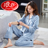 浪莎（LangSha）2024年睡衣女春秋款純棉長(cháng)袖加肥加大碼中年家居服套裝 天藍色 9308正?？?標偏大版的建議拍小一碼